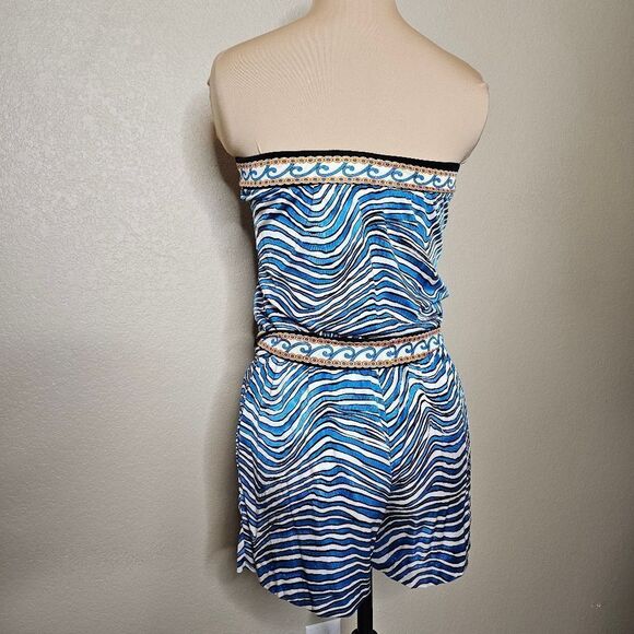 Trina Turk XS Silk Blend Strapless Romper Blue and White Striped with tie belt - Picture 2 of 10